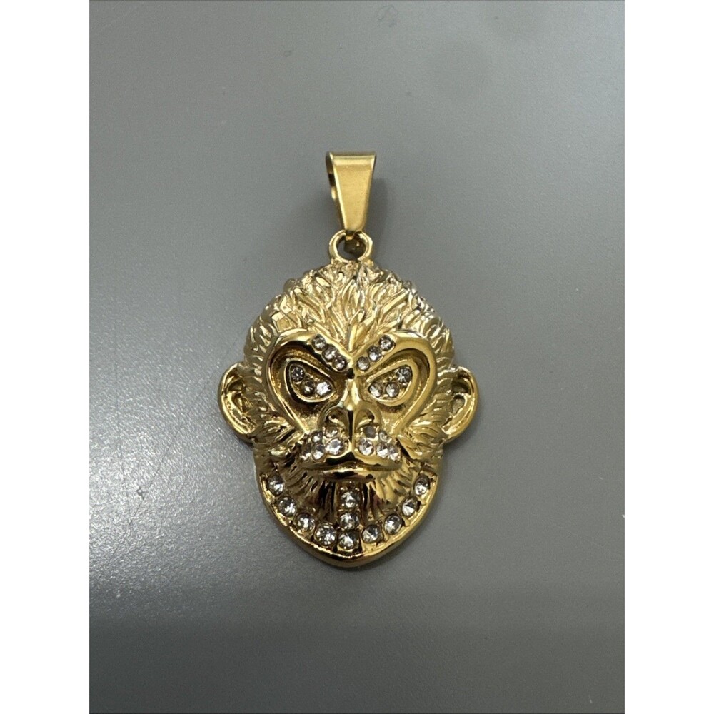Gold Tone Monkey Pendant Cubic Zirconia Stainless Steel 24” Chain Unisex Gift